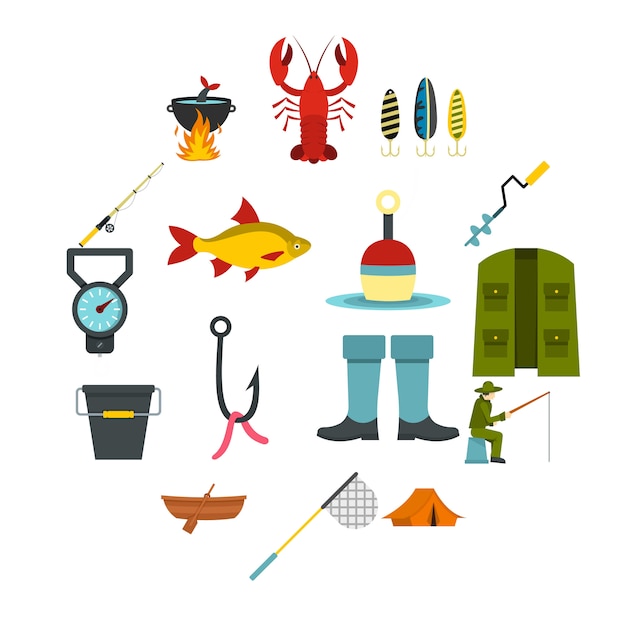 Outils De Pêche Mis Icônes Plats