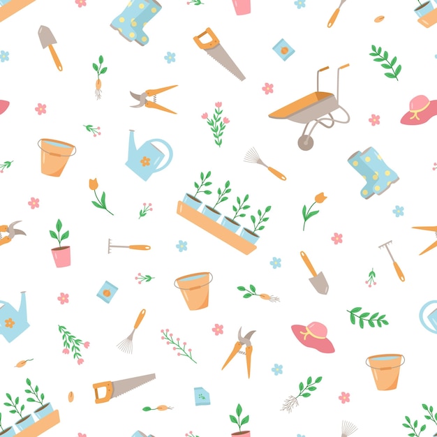 Outils Et Plantes De Jardin Modèle Sans Couture Un Ensemble D'illustrations Vectorielles Doodle Concept Jardinage Un Passe-temps D'été