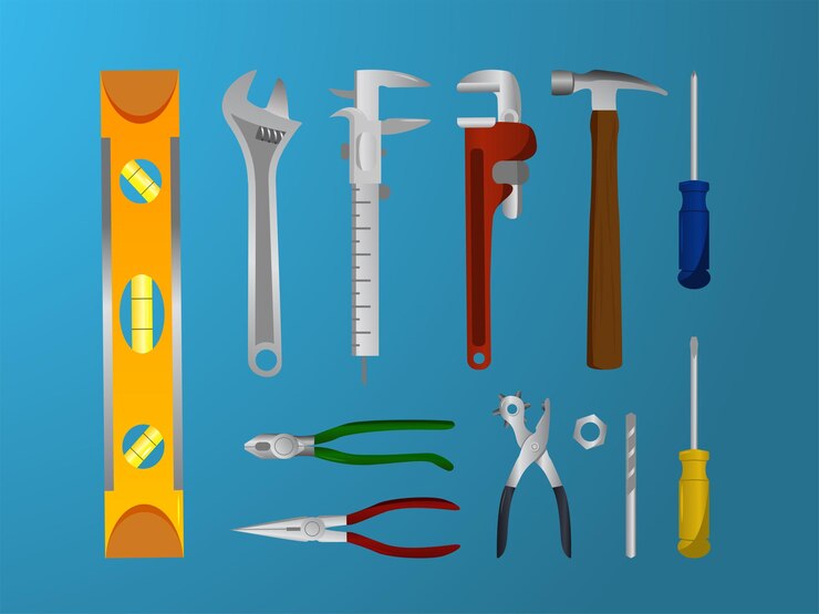 Outils de plombier vectoriels réalistes clé à eau tournevis pinces clé à tuyau marteau ensemble