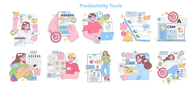 Outils de productivité définir l'optimisation du flux de travail homogène avec des utilisateurs joyeux gestion des tâches e-mail
