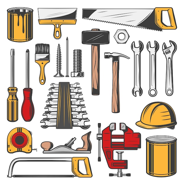 Outils de réparation menuiserie et icônes de construction