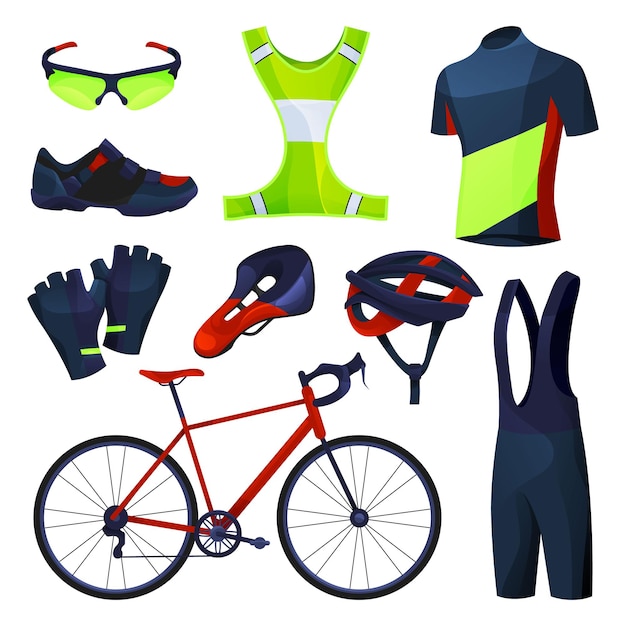 Vecteur les outils de sport de l'équipement de cyclisme définissent des icônes vectorielles