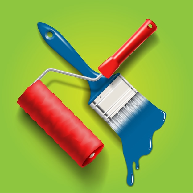 Outils De Travail - Pinceau Et Rouleau Avec Peinture De Couleur Rouge Et Bleue