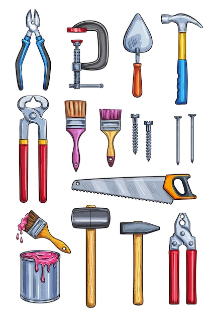 Outils De Travail Vectoriels Icônes De Croquis De Couleur De Réparation à Domicile