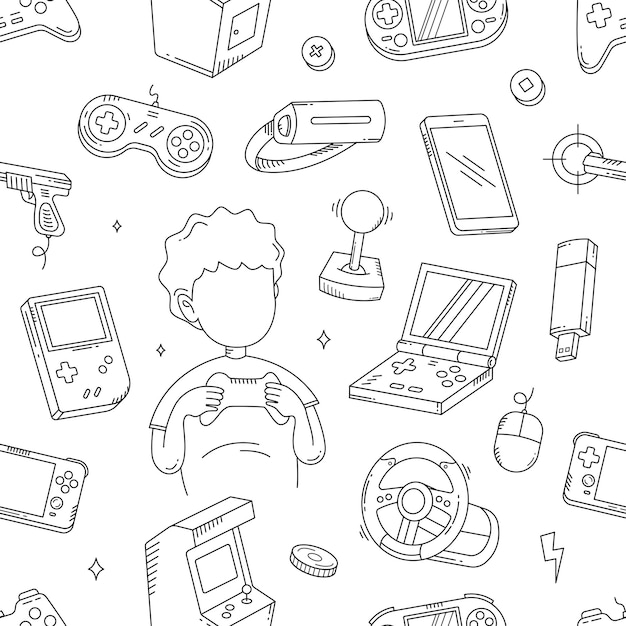 Outline De La Console De Jeu Vidéo, Dessin Dessiné, Arrière-plan Sans Couture