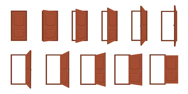 Ouverture de porte. Dessin animé portes ouvertes et fermées du salon. Entrée de la maison avec cadre, porte ou sortie en bois de la maison. Cadres vectoriels d'animation de porte. Architecture de porte à l'illustration du salon ou du bureau