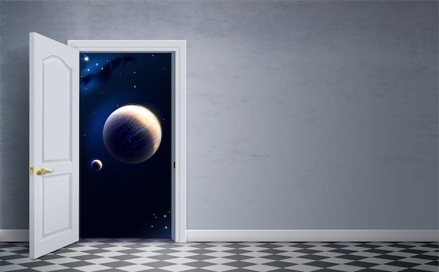 Vecteur ouvrez les portes dans l'espace. chambre de l'hôtel spatial. concept. voyage dans l'espace