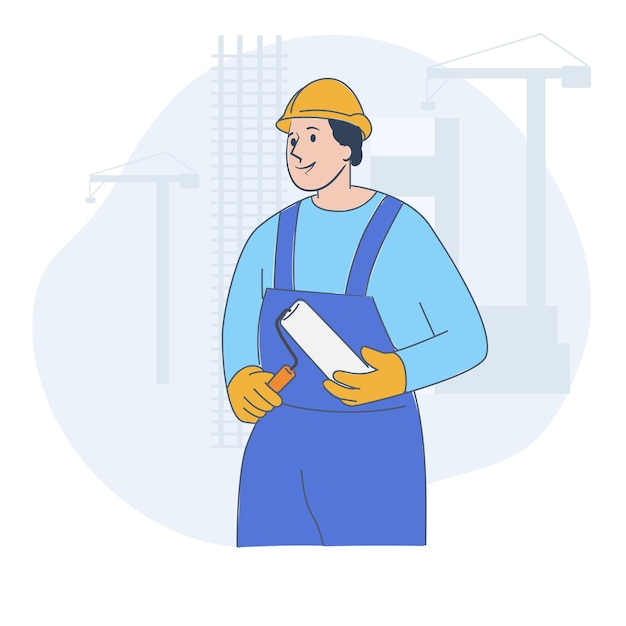 Un ouvrier de la construction tenant un rouleau de peinture illustration vectorielle plate