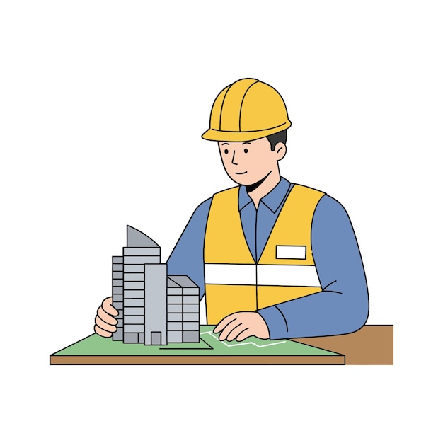 Un ouvrier de la construction en tenue de sécurité examinant un modèle de bâtiment en miniature avec une illustration vectorielle plate détaillée montrant la créativité et la précision dans l'art vectoriel de la conception architecturale