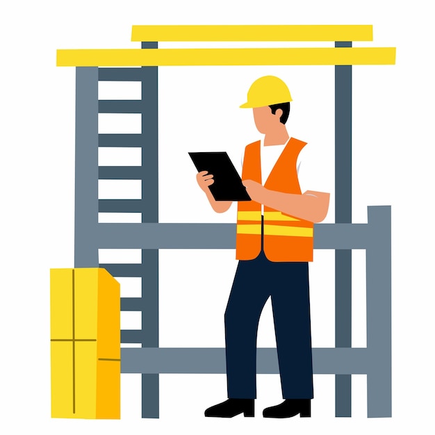 Un ouvrier de la construction en tenue de sécurité vérifie une tablette alors qu'il se tient près d'un échafaudage