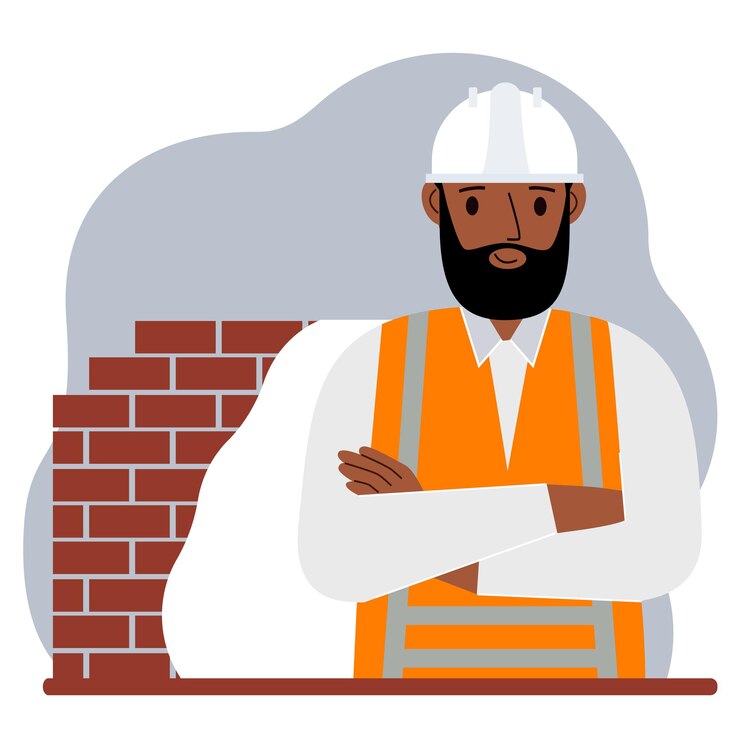 Vecteur ouvrier du bâtiment souriant dans un casque blanc et un gilet orange. télévision illustration vectorielle