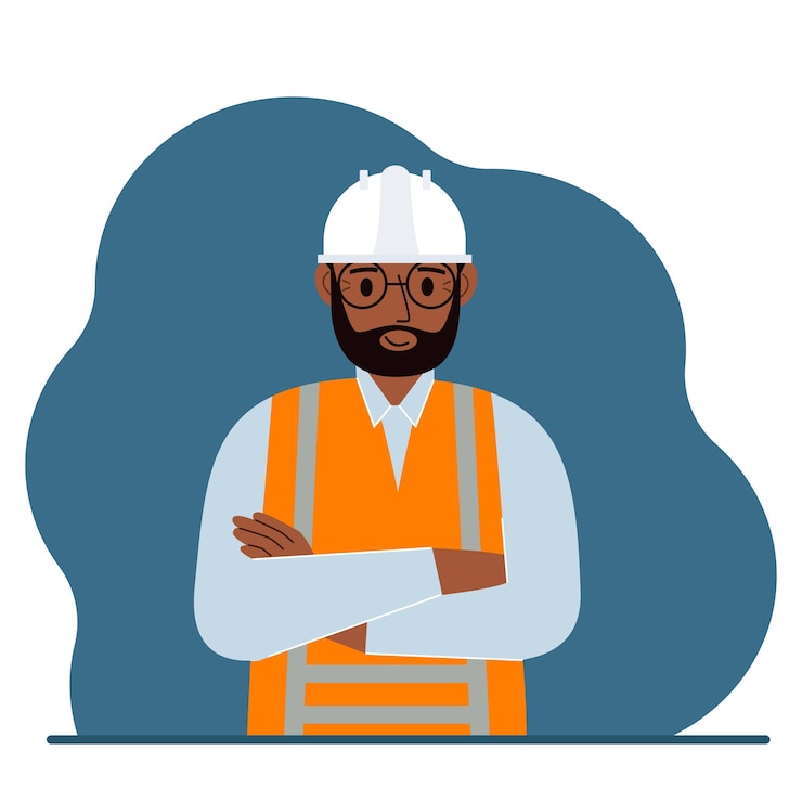 Vecteur ouvrier du bâtiment souriant dans un casque blanc et un gilet orange. vecteur