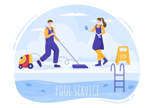 Vecteur ouvrier de service de piscine avec aspirateur à balai ou filet pour l'entretien sur l'illustration