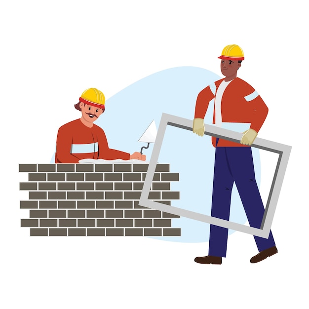 Des ouvriers de la construction installent des fenêtres et posent des briques