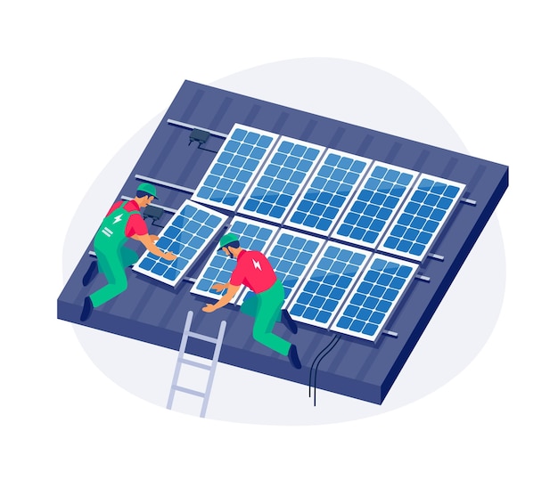Des ouvriers installent des panneaux solaires sur le toit d'une maison.