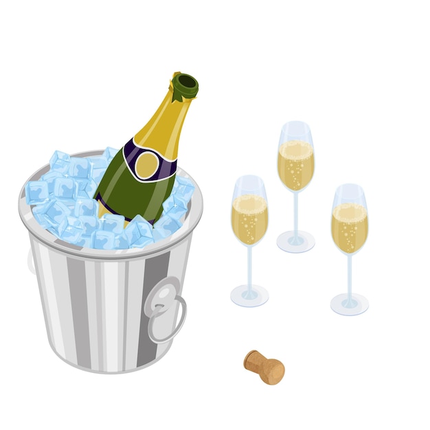 Vecteur ouvrir une bouteille de champagne dans un seau à glace verres remplis de champagne bouillonnant et de liège