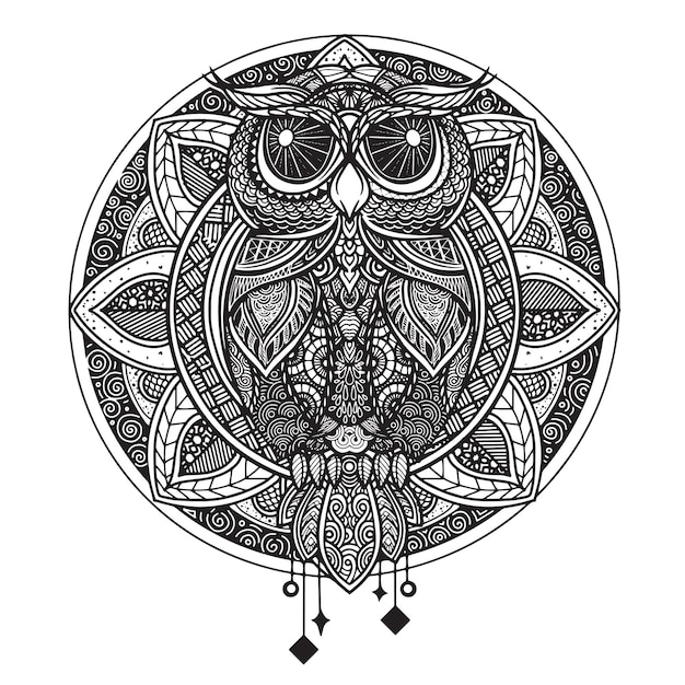 Owl And Black White Hand Drawn Doodle Illustration à Motifs Ethniqueslivre De Coloriage Pour Adulte