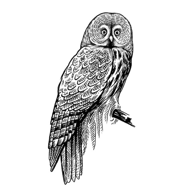 Owl oiseau de forêt prédateur dessin à la main noir et blanc