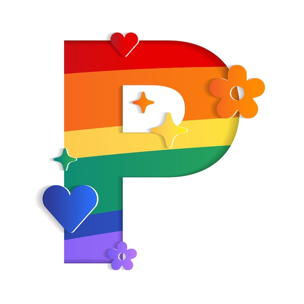 P Alphabet caractère police lettre mois de la fierté LGBTQ arc-en-ciel 3D papier découpe carte Illustration vectorielle