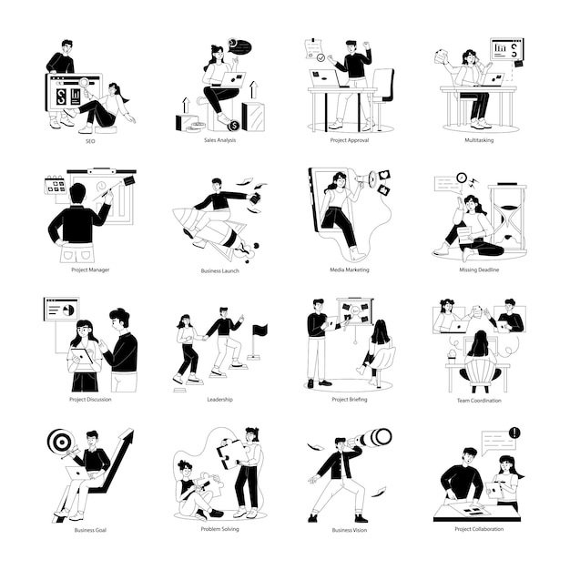 Pack de 16 illustrations de glyphes de gestion de projet