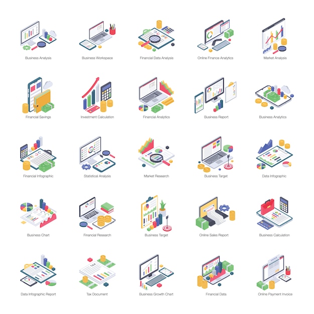 Pack d'analyse des données d'icônes isométriques