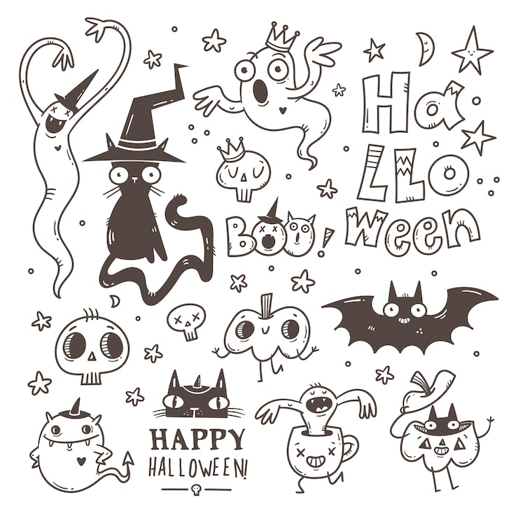 Vecteur pack d'autocollants halloween doodle personnages drôles d'horreur de dessin animé ensemble de monstres d'art en ligne