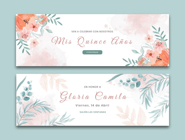 Pack de bannières horizontales aquarelle quinceanera