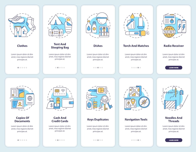 Pack d'écran d'application mobile d'intégration de sac d'urgence