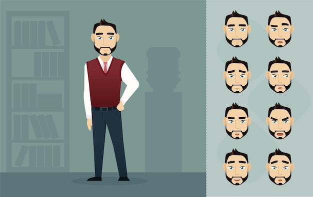 Pack d'emoji d'homme d'affaires de Yong Charecter de dessin animé de vecteur pour l'infographie ou l'animation