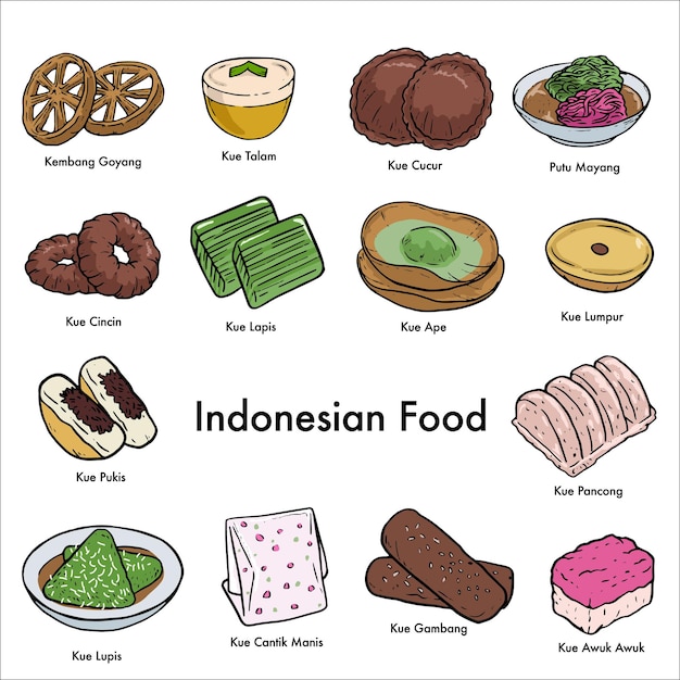 Vecteur pack ou ensemble d'aliments indonésiens et d'illustrations de collations traditionnelles style de contour