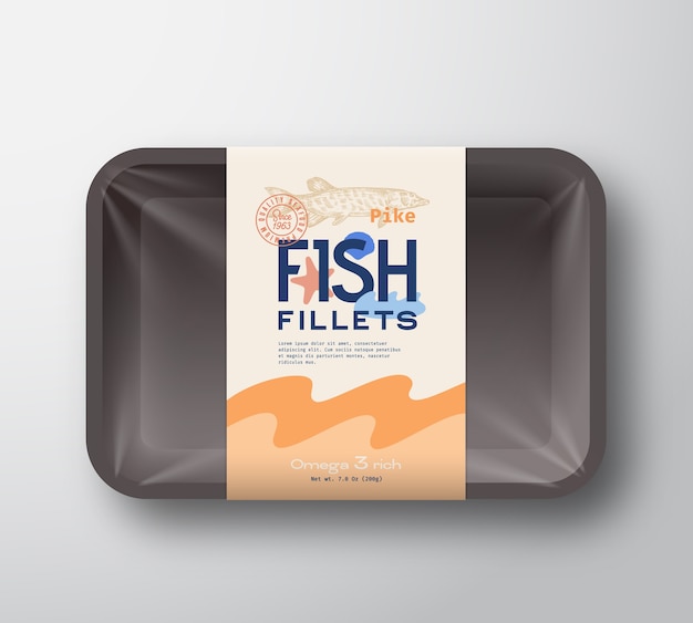 Pack De Filets De Poisson. Conteneur De Plateau En Plastique De Poisson Abstrait Avec Couvercle En Cellophane. étiquette D'emballage.