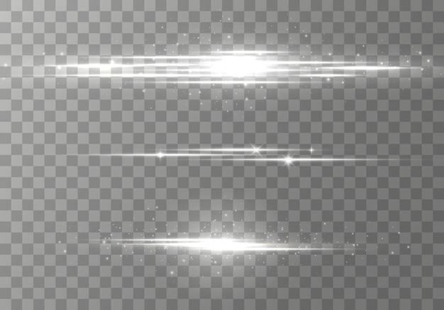 Pack de fusées éclairantes horizontales, faisceaux laser, belle lumière parasite. Rayons de lumière. Ligne lueur sur fond transparent.