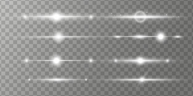 Pack de fusées éclairantes horizontales, faisceaux laser, belle lumière parasite. Rayons de lumière. Ligne lueur sur fond transparent.