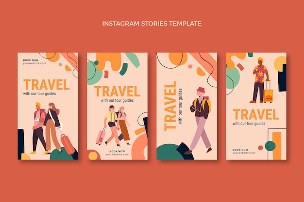 Vecteur pack d'histoires instagram de voyage design plat