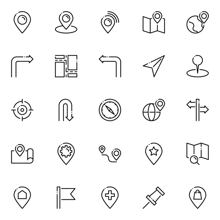 Pack d'icônes de carte et de navigation, avec style d'icône de contour