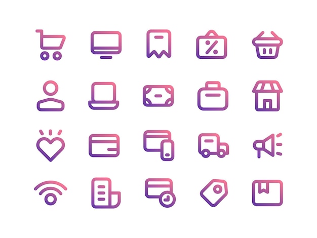 Pack d'icônes de commerce électronique et d'achat en ligne dans le style de contour gradient Parfait pour les pages d'atterrissage des sites Web
