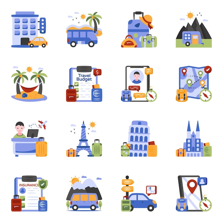Vecteur pack d'icônes de tournée plate