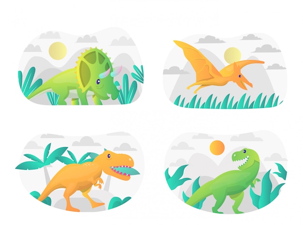 Vecteur pack d'illustration de dinosaures plats avec personnage