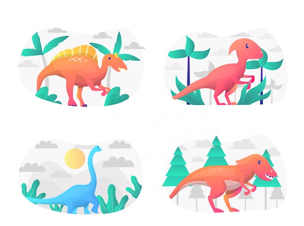 Vecteur pack d'illustration de dinosaures plats avec personnage