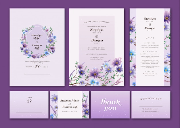 Vecteur pack d'invitations de mariage aquarelle floral violet et bleu