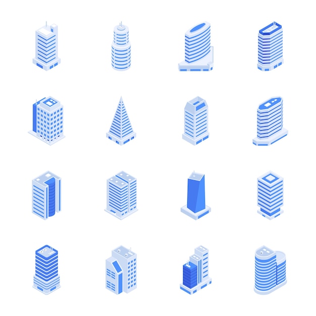 Vecteur pack à la mode d'icônes isométriques de bâtiments commerciaux