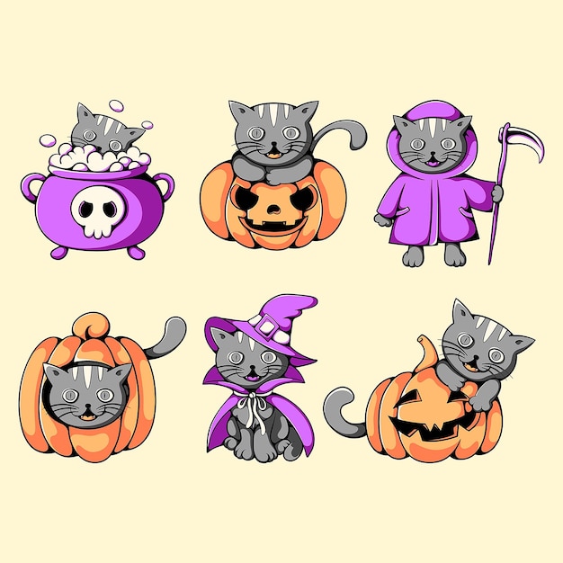 Vecteur le pack de personnages d'halloween pour chats