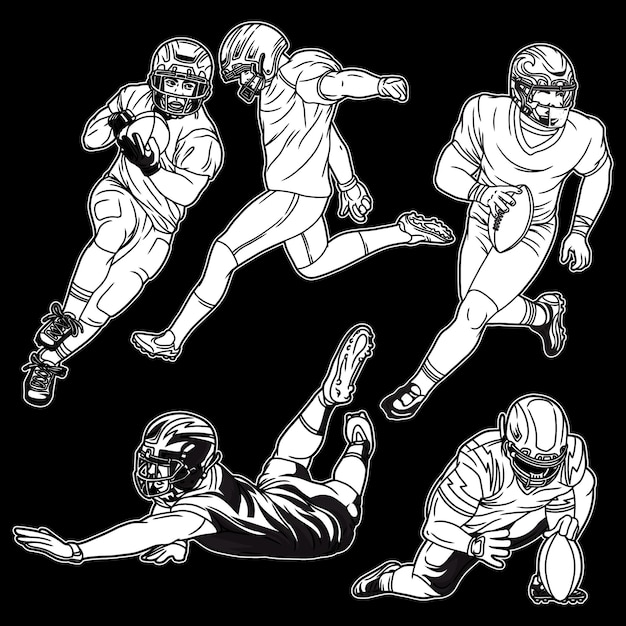 Vecteur pack de poses de football américain illustration noir et blanc 02