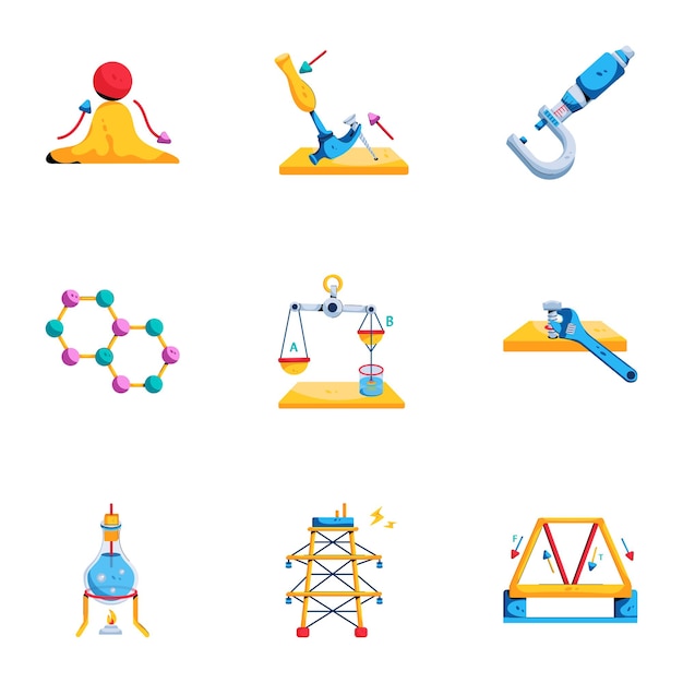 Pack tendance d'icônes plates d'étude de physique