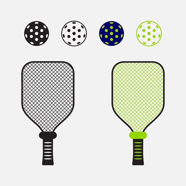 Vecteur pagaie de pickleball avec icône de symbole vectoriel de balle pour raquette de sport couleur différente sur fond blanc