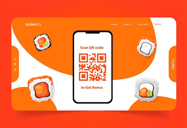 Vecteur page d'accueil avec application prototype de téléphone avec sushi et code qr pour site web page de destination avec cuisine asiatique