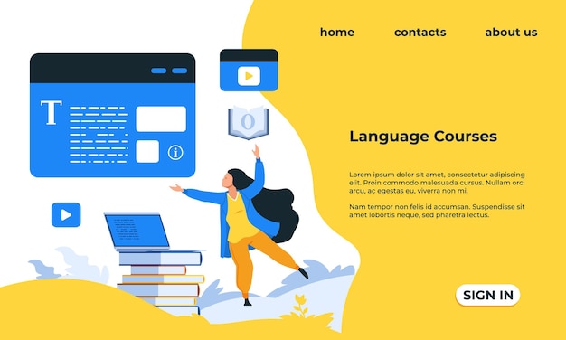 Page d'accueil des cours de langue Service Web pour l'apprentissage de la grammaire et de la prononciation de mots étrangers Étude à distance Conception d'interface de site Web Maquettes vectorielles avec texte et boutons