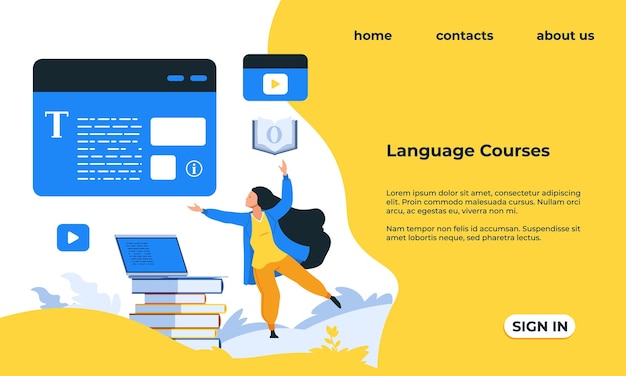 Page D'accueil Des Cours De Langue Service Web Pour L'apprentissage De La Grammaire Et De La Prononciation De Mots étrangers étude à Distance Conception D'interface De Site Web Maquettes Vectorielles Avec Texte Et Boutons
