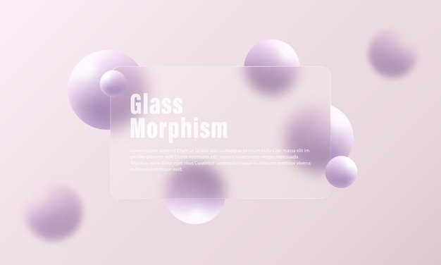 Page d'accueil du site Web dans le style du morphisme de verre Partition faite de matériau transparent avec des sphères flottantes