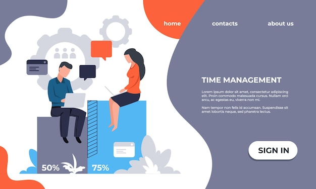 Page D'accueil D'entreprise Modèle D'interface Utilisateur De Site Web Gestion Du Temps Et Optimisation Du Flux De Travail Service Web Pour Des Processus De Travail D'organisation Efficaces Interface Vectorielle Avec Texte Et Boutons